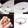 Collier de boucles d'oreilles habitude 67 mm blanc natural natural ewater perle bracelet rouge cz sqaure raccords beaux bijoux ensembles pour les femmes drop dhynl