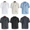 Мужские повседневные рубашки с твердым цветом рубашка с коротким рукавом для мужчин Простая хлопчатобумажная льняная блузка с пуговицами мужские