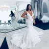 Chic Floral Lace Mermaid Wedding Dresses Plus Size Brudkl￤nning Deep V Neck Pleat Bottom Vestido de Noiva