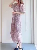 Party Dresses 2022 Japanese Temperament Floral Printed Dress Ruffled Pleated Belt Slim Wasit Robe Femme V-ringen Puff Sleeve Midi Vestidos