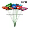 زينة الحديقة 50pcs colorf على العصي الاصطناعية PVC Butterfly Stakes Patio Craft في الهواء الطلق ديكور الزهرة الداخلية Party Su Dh0as