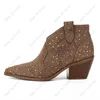 Heelslover Women Winter Ankle Boots Unisex Suede Crystal Chunky Heels Pointed Toe Pretty Brown Party Shoes US Plus Size 5-13