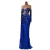 Glitter Sequins Beaded Mermaid Evening Dresses Luxury Long Sleeves Royal Blue Formal Party Gowns Sheer Crew Neck Sexy Satin Special Occasion Event Prom Wear