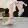 Chaussures habillées élégantes perle à talons fins pompes femmes 2022 automne bride à la cheville talons hauts chaussures femme bout pointu or argent chaussures de fête Mujer 221224