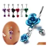 Navel Bell -knop Rings roestvrij staal hypoallergeen buik kristal rozen bloem body piercing bar jowery for dames bikini fashio dhzlt