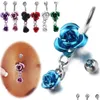 Navelklockknapp ringer rostfritt st￥l Hypoallergenisk magen Crystal Rose Flower Body Piercing Bar Jewlery For Women Bikini Fashio Dhzlt