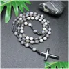 Pendant Necklaces Natural Tiger Eye Beaded Necklace For Women Men Catholic Christ Rosary Hematite Cross Male Meditation Jewelrypenda Dh8Cy