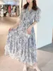 Party Dresses 2022 Japanese Temperament Floral Printed Dress Ruffled Pleated Belt Slim Wasit Robe Femme V-ringen Puff Sleeve Midi Vestidos