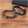 Pulseras con dijes Xqni Geométricamente Irregar Gráficos Capas dobles Pulsera de cuero genuino de acero inoxidable Hombres Brazalete 2 colores Gota Dhqsi