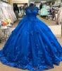 Królewskie Blue 3D Floral Flowers Ball Suknia Quinceanera Promowe sukienki Perły Sweetheart Księżniczka