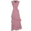 Casual Dresses V-Neck Flounced Ruffles Sleeveless Ankle Length Maxi Chiffon Party Dress Women Clothing On Sales S - XL