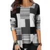 T-shirts Femme Automne Manches Longues Pull Chemisier Haut Col Ras Du Cou Colorblock Boutons À Carreaux Ourlet Fendu Tunique Lâche Décontractée M6CD