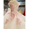 Quinceanera Ball Jurk Jurk Jurks Off Shoulder Pink Illusion Lace Appliques kralen kristal D Bloembloemen vloer lengte korset terug plus size prom avondjurken