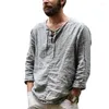 メンズTシャツimcute linen v-neck tieドローストリングTシャツストリートカジュアルロングスリーブレースアップシャツ春/秋の純粋な色のスリムトップ