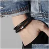 チャームブレスレットMtilayer Tiger Eye Bead Cross Bracelet Men Handmade Stainless Steel Leather for Jewelry Gift Drop Delivery Dhrey