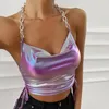 Women's T Shirts Women Summer Ruched Drawstring Halter Crop Top Y2K Glitter Metallic Holographic Camisole Sexy Backless Metal Chain Camis