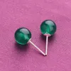 Pendientes de tuerca de ágata verde redonda de 6-8mm para mujer, joyería fina Vintage de ley S925, Brincos de boda de alta calidad