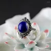 Cluster Rings S925 Sterling Silver Thai Craft Retro Lady Lapis Lazuli Ring