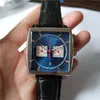 マンズスポーツウォッチ品質の男性時計クォーツストップウォッチクロノグラフ腕時計青いダイヤルブラックレザーストラップ013232B