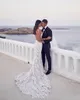 Backless Mermaid Beach Wedding Dresses V-neck 3D Lace Applique Sweep Trumpet Steven Khalil Garden Bridal Wedding Dress Gowns