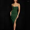 Casual Dresses European & American Sling Dress Sexy Satin High Slit Folds Exposed Backpack Hip Women's Spaghetti Strap Clothing