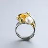 Cluster Rings S925 Sterling Silver Inlaid Natural Pearl Ring Retro Thai Electric Black Craft Western Style Women Open Ended