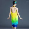 Stage Wear Kids Dance Costumes For Girls Halter Neck Diamond Gradient Fringes Dress Ballroom Dancing Competition Dancewear SL6788