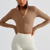 Camicie attive Crop Top Giacca da palestra Camicia a maniche lunghe attillata da donna Fitness Sport Allenamento Fori per i pollici Cerniera intera Abbigliamento per esercizi di yoga