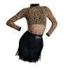 Scene Wear Girls Long Sleeve Leopard Print Top fransed kjolar Practice Children Dancing Clothes Latin Dance Dress Costum SL5516