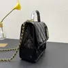 Small Flap bag with Top handle designer chain bag women shoulder bags handbags Patent calfskin & Gold-tone metal Black 22 New