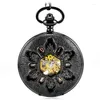 Orologi da taschino Scheletro nero antico Meccanico a mano Vento Fob Clamshell Business Orologio da uomo Collana con pendente Regalo intagliato