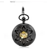 Pocket Watches Antique Black Skeleton Mechanical Hand Wind Fob Clamshell Business Mens Watch Pendant Necklace Carved Gift