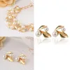 Necklace Earrings Set Women Fashion Jewelry Faux Pearls Crystal Link Chain Pendant Casual Leaf Stud