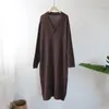 Casual Dresses Women Sweater Knitted Dress Ladies Loose Bat Sleeve Long Knitwear V-neck 2022 Spring Clothes Pullover Vestidos Mujer