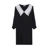 Casual Dresses Black Dress With White Collar Business Office Female Ladise Shool Social TA1105