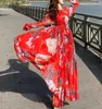Abbigliamento etnico 2022 Musulmano Boho Vintage Red Print Chiffon Beach Maxi Dress Primavera Autunno 4XL Plus Size Manica lunga Donna Elegante Party