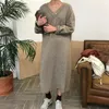 Casual Dresses Women Sweater Knitted Dress Ladies Loose Bat Sleeve Long Knitwear V-neck 2022 Spring Clothes Pullover Vestidos Mujer