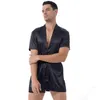 Men's Sleepwear Fashion Plus Size Men Satin Kimono Night-Robe Summer Nightwear See-Through Floral Lace Patchwork Back Belt Bathrobe