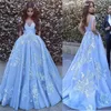 Off the Shoulder Blue Prom Gl￤nningar Blue Sexy Lace Applique Ball Gowns Reals aftonkl￤nning Vestidos de Formatura Longo