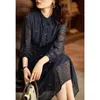 Casual Dresses Elegant Long For Women Loose Button Stand Collar Robe Femme Vintage Navy Blue Party Vestidos De Verano Mujer 2022