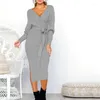 Robes décontractées automne hiver Sexy fuite dos col en v à manches longues femmes robe 2022 mode grande taille longueur moyenne JK315