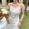 Casual Dresses 2022 Summer Embroidery Sexy Elegant Midi Dress Women V-neck Vintage Fairy Strap Party Korean Office Lady Beach Robe W644