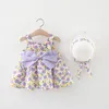 Kız Elbiseler 2Piece 2022 Yaz Kıyafetleri Bebek Giysileri Moda Çiçekleri Sevimli Bow Sleeless Pamuk Plaj Elbise Şapka Toddler BC178