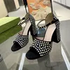 Letni luksusowe masywne obcasowe sandały designer klasyczny złoty guzik kryształowy rhinestone ozdobiono 10 cm wysokie obcasy buty