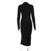 Casual Kleider Frauen Herbst Winter O Stehkragen Langarm Schwarz Seite Schlitz Midi Sexy Rippen Gestrickte Stretchy Elegante kleid