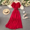 Casual Dresses Boho Vintage V Neck Summer Pleated Bandage Long Dress Women Party Chiffon Elegant Female Solid Holiday Beach Vestido