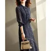 Casual Dresses Elegant Long For Women Loose Button Stand Collar Robe Femme Vintage Navy Blue Party Vestidos De Verano Mujer 2022