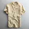 Men's Casual Shirts Men's Cotton Linen Shirt Short Sleeve Blouse Top Botton Pinstripe Comfortable Handsome Men Henley