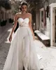 Detachable Train Wedding Dresses Jumpsuits Strapless Lace See Though Top Open Back Court Train Bridal Dress Beach Wedding Gowns Reception BC5695