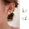 Stud Earrings Elegant Pink Enamel Tulip Pearl For Women Sweet Exquisite Charm Earing Party Wedding Jewelry High Quality